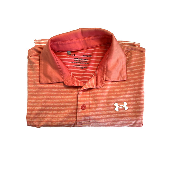 Under Armour Polo Shirt Mens Medium Orange Striped The Playoff Golf - Picture 1 of 9